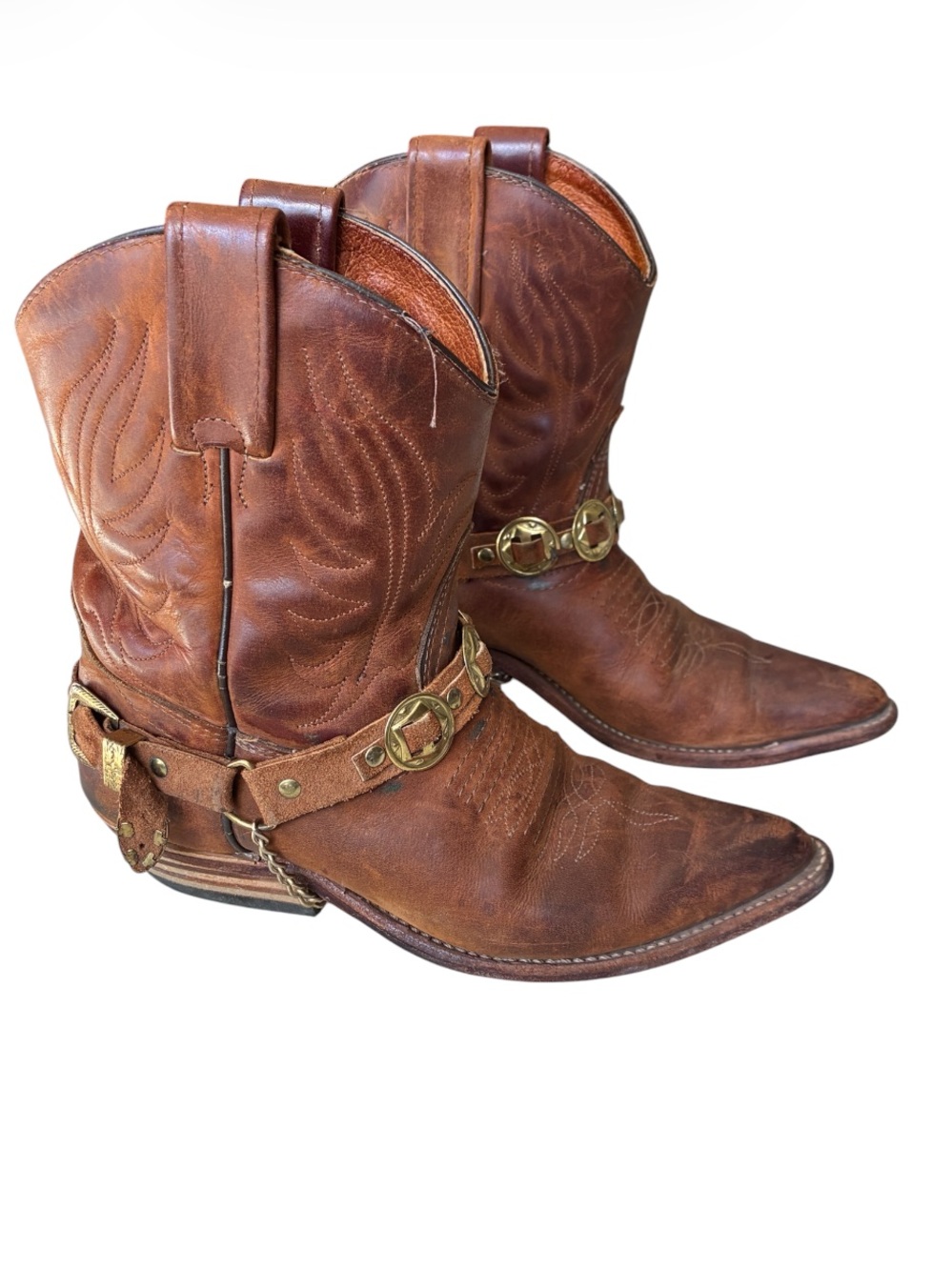 Women's Vintage Brown Leather Western Cowboy Boots Brass Concho Straps Size 7